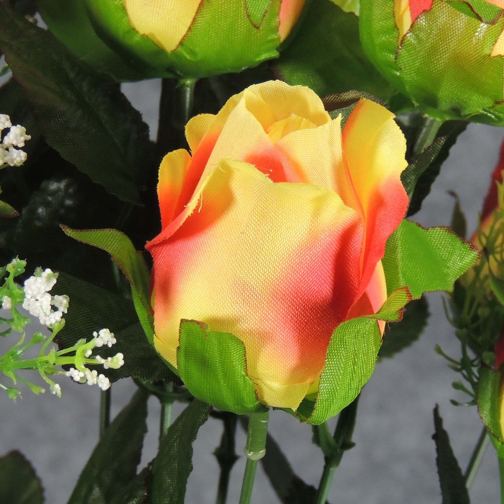 ROSE BUD SATIN BUSH X12 W/GYPSO  ORANGE/YELLOW