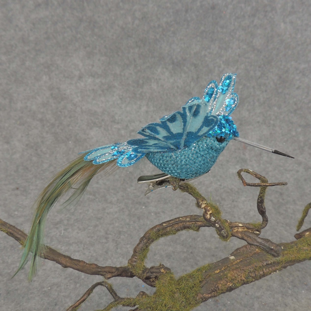 HUMMINGBIRD BURLAP/FEATR 6.5" W/CLIP  TURQUOISE