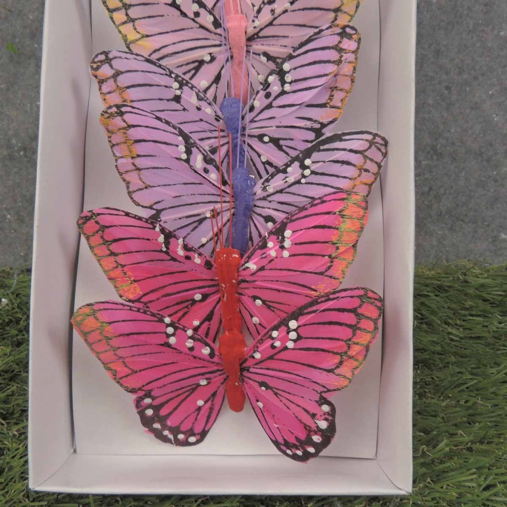 BUTTERFLY 4.5" FEATHER 6-ASST W/CLIP PASTEL