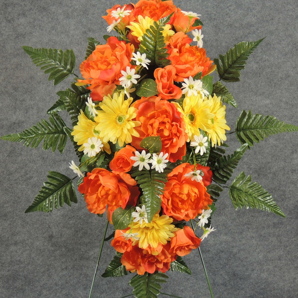 PRE-MADE MEM SPRAY ARRANGEMENT W/EASEL   ORANGE/YELLOW