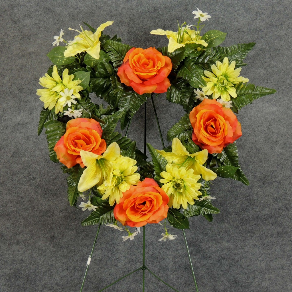 PRE-MADE MEM HEART ARRANGEMENT  ORANGE/YELLOW (LILIES)