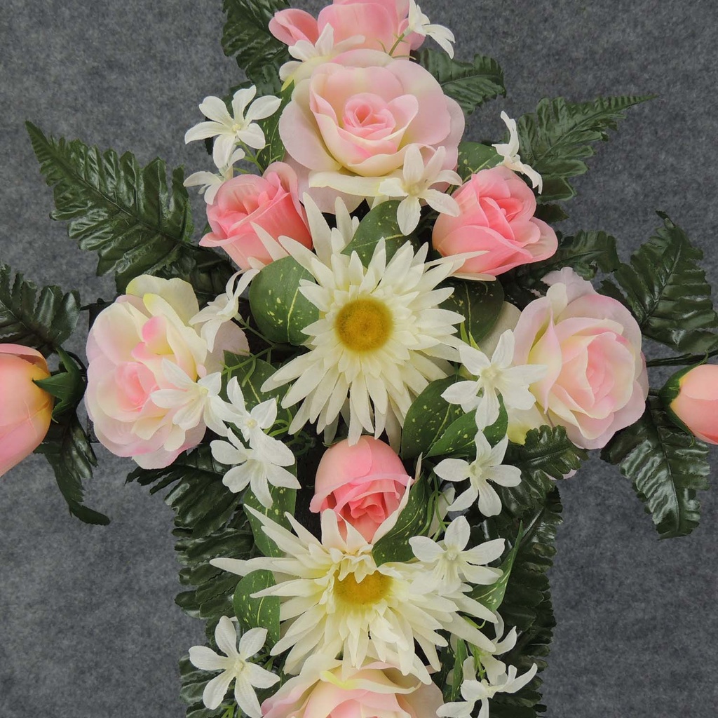 ROSE/GERBERA CEMETERY CROSS 20"  PINK/CREAM