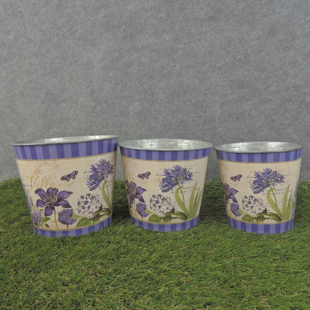 PLANTER TIN 3/SET W/LINERS CLEMATIS PRINT