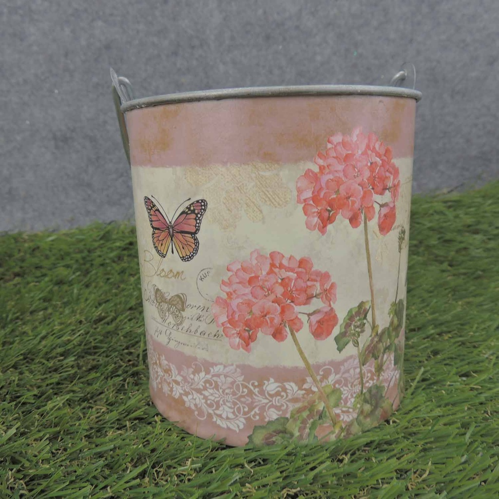 PLANTER TIN W/LINER 4.25x4.25" PINK GERANIUM PRT