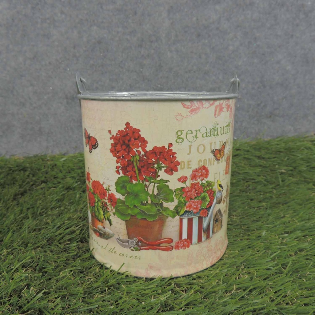 PLANTER TIN W/LINER 4.25x4.25" RED GERANIUM PRNT