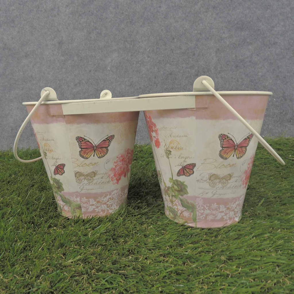 PLANTER TIN 2 PLANTERS 10x5"    PINK GERANIUM PRNT  BLOOM