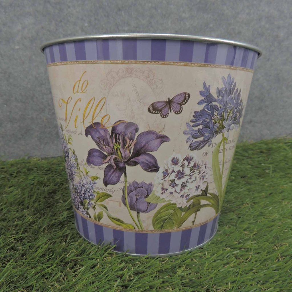 PLANTER TIN 7 x 6"  W/LINER PURPLE CLEMATIS P