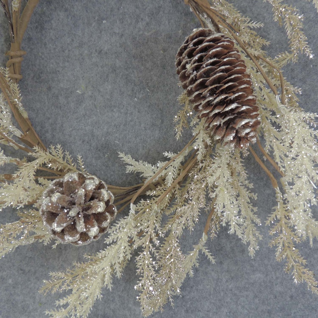 PINE/CONE CANDLE RING 6.5" WHITE/GLITTER