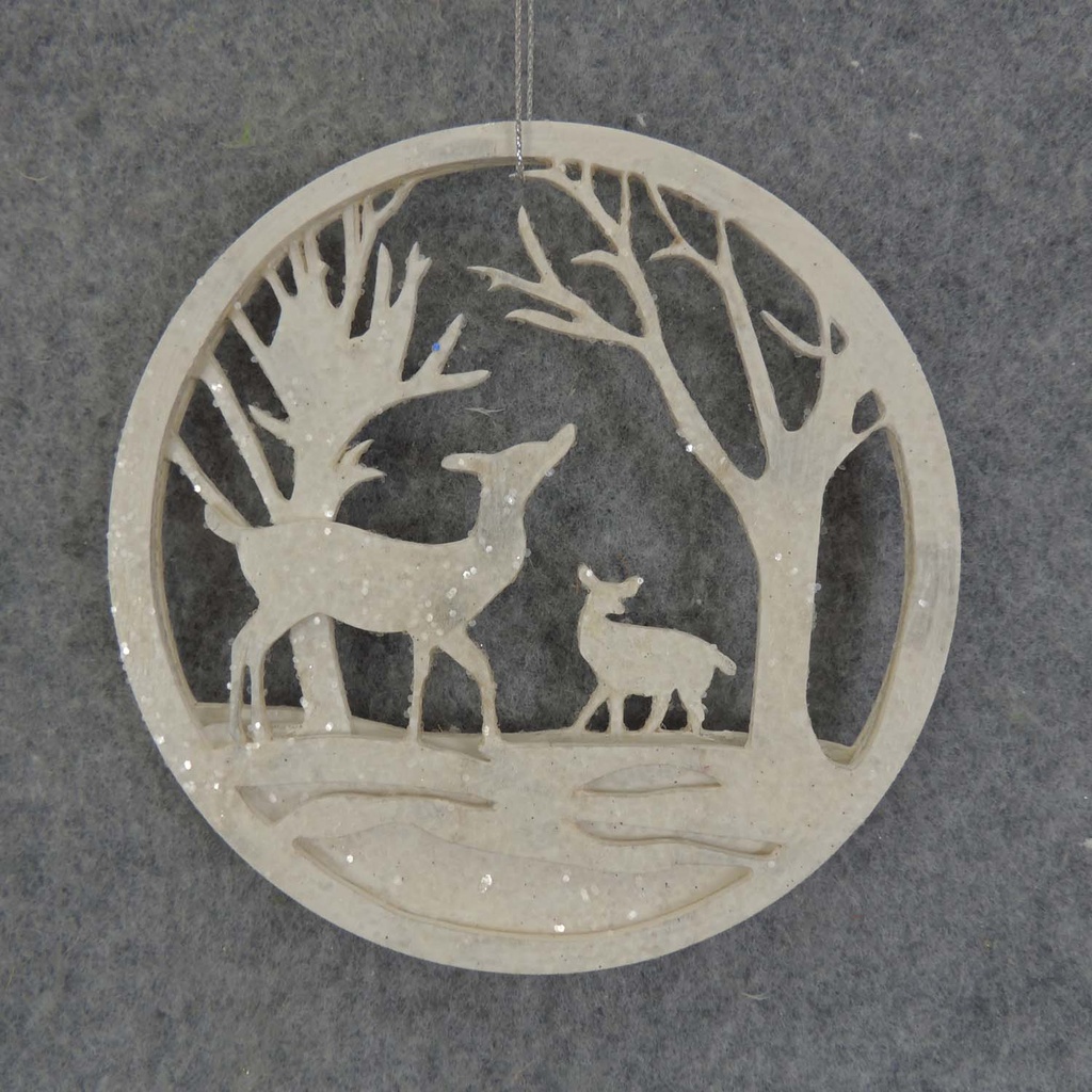 ORNAMENT WOODEN 4.75&quot; WHITE DOE&amp;FAWN