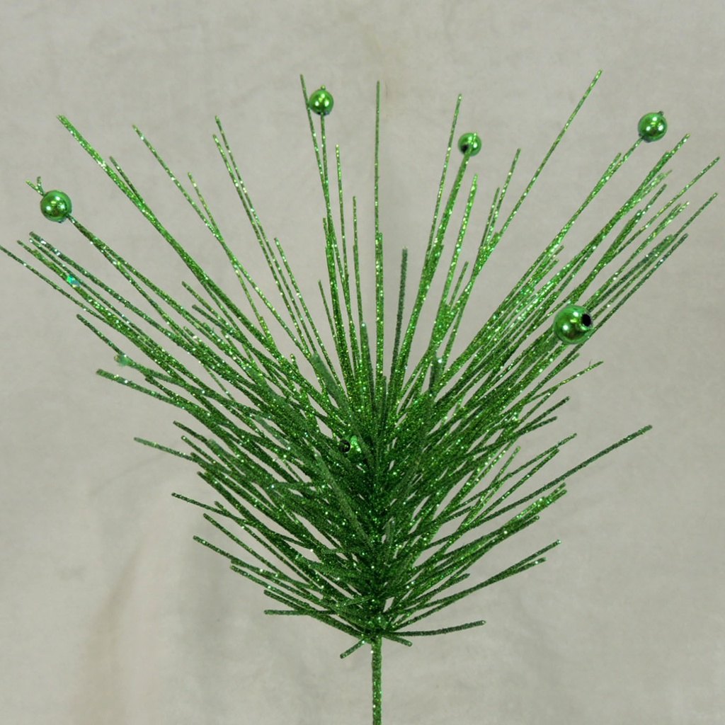 GLITTER PINE/BEAD SPRAY 15"  GREEN