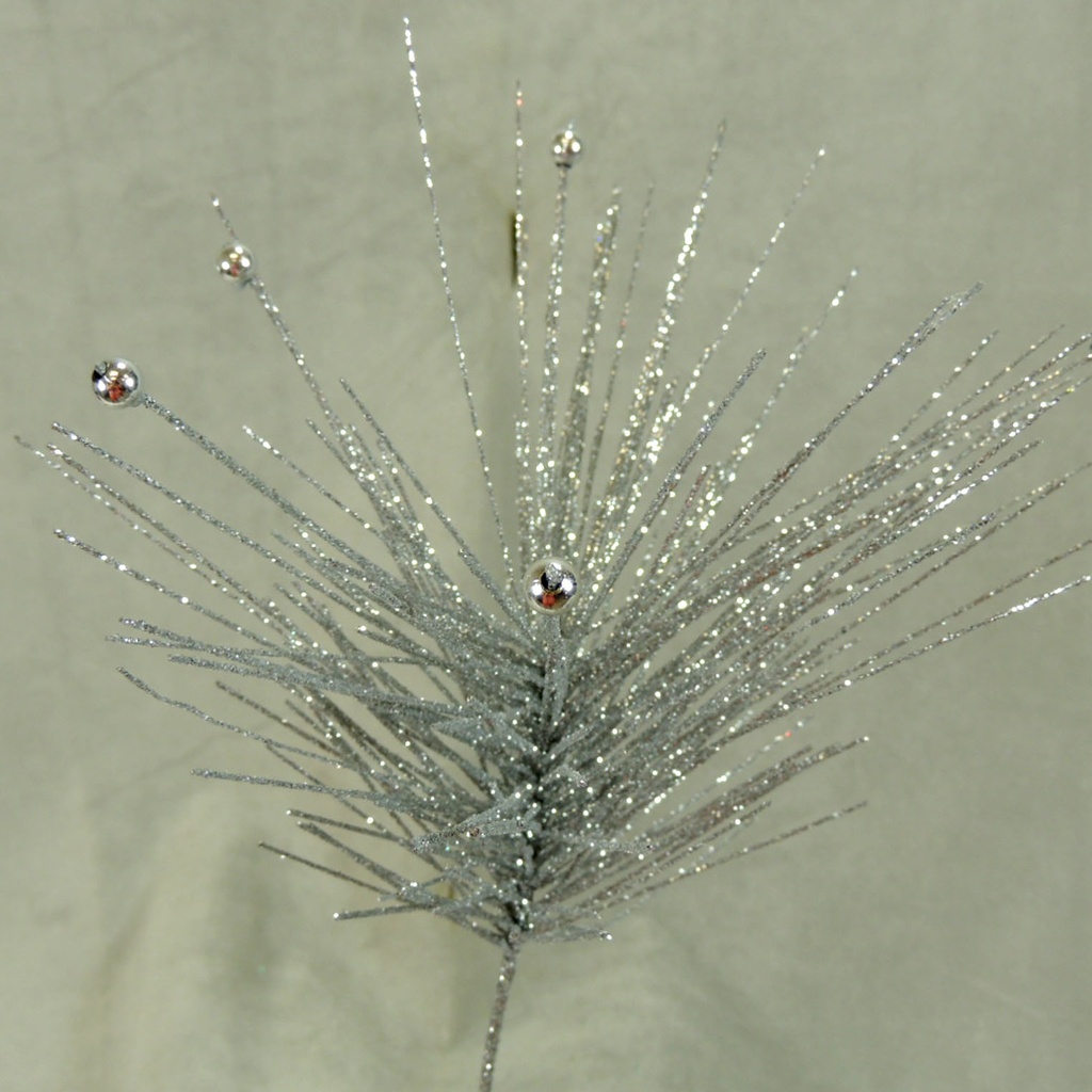 GLITTER PINE/BEAD SPRAY 15"  SILVER