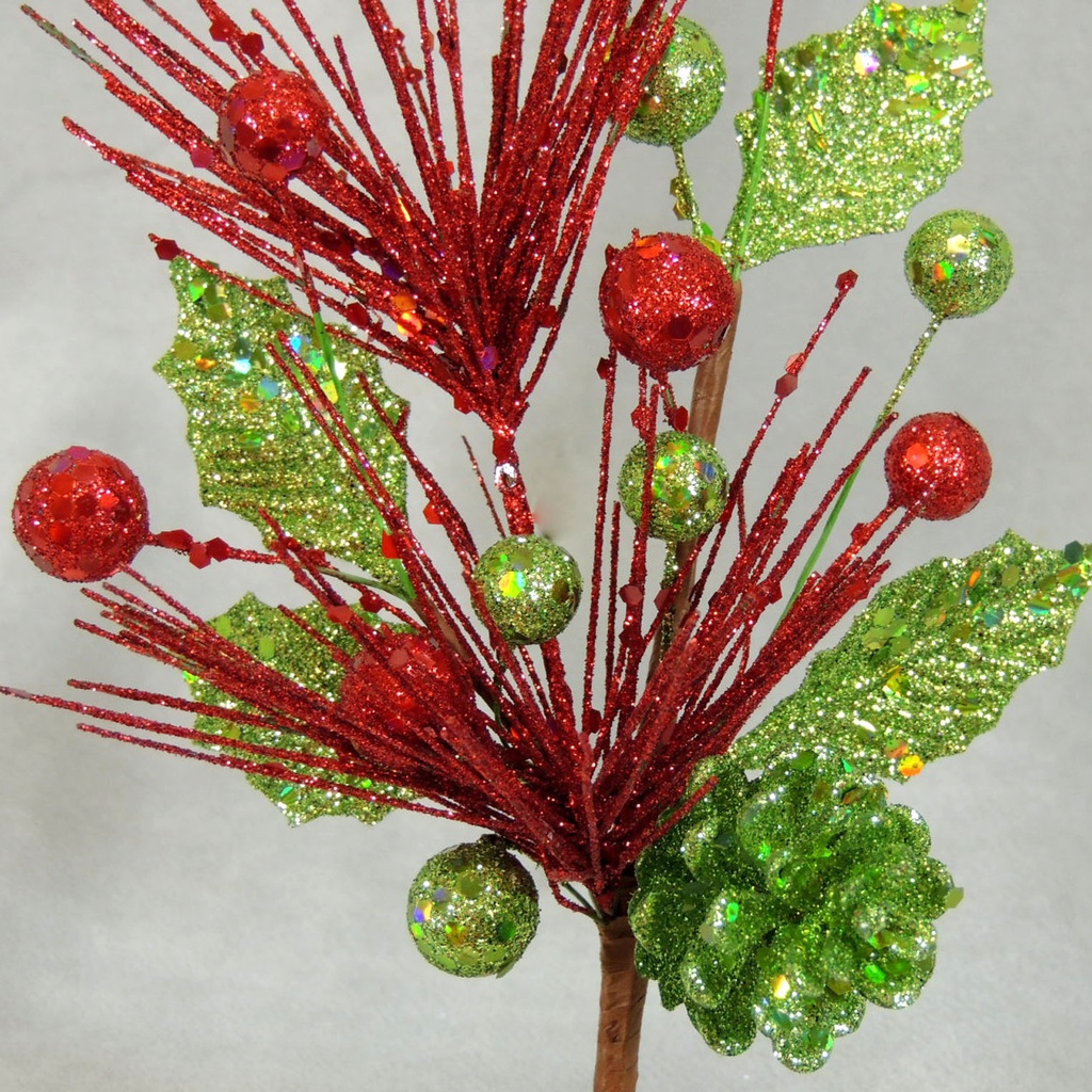 GLITTER SPRAY W/CONE&BERRY 8.5" (6/BG) RED/GRN