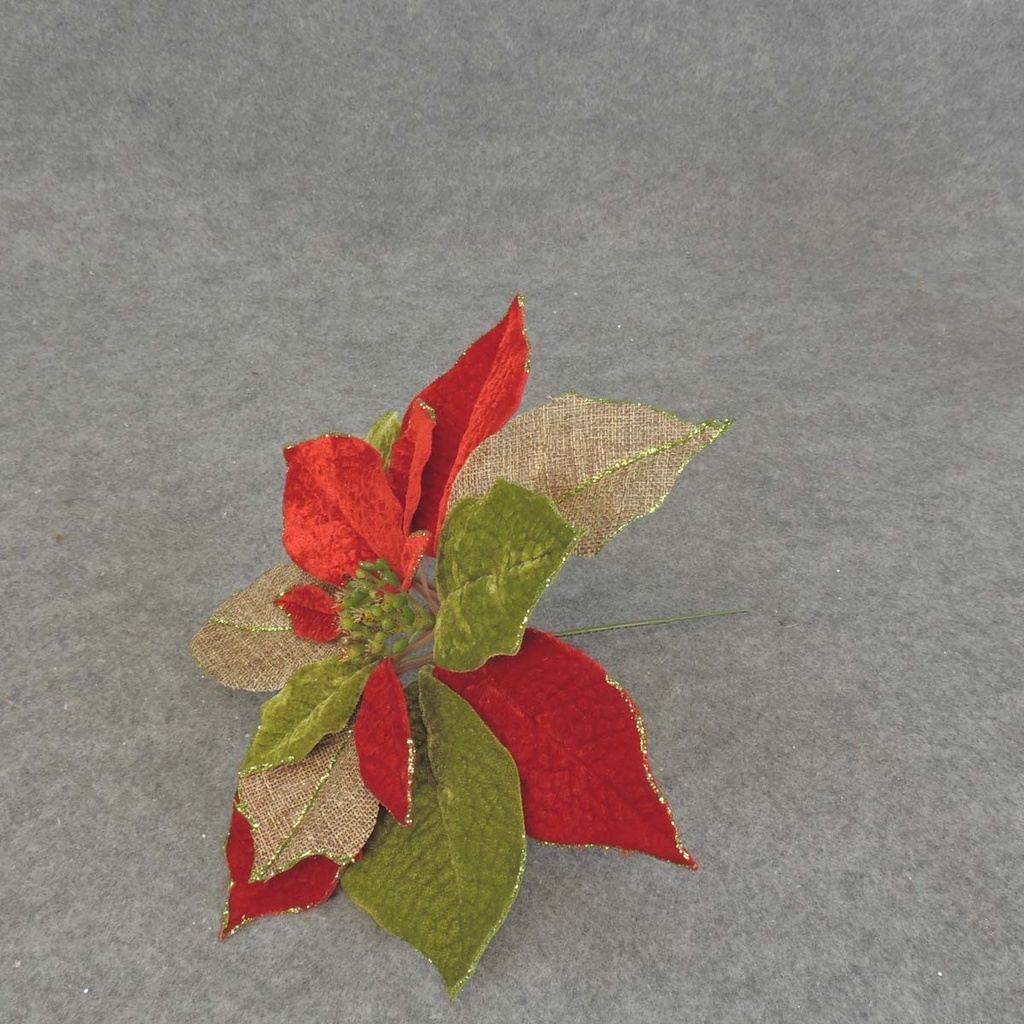 POINSETTIA BURLAP/VELVET PICK 10"dia RED/GRN