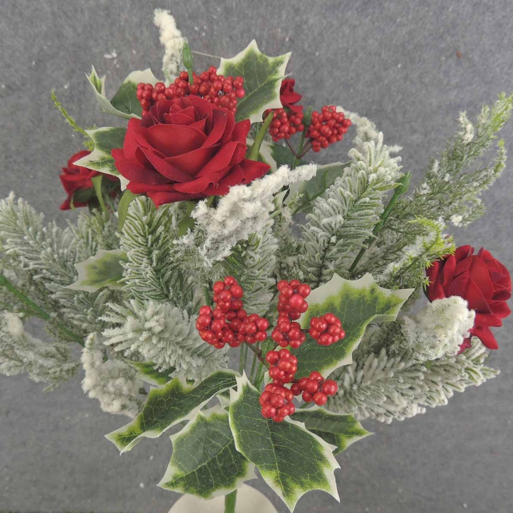 MIXED PINE/HOLLY BUSH X12 19&quot; FLOCKED W/ROSE