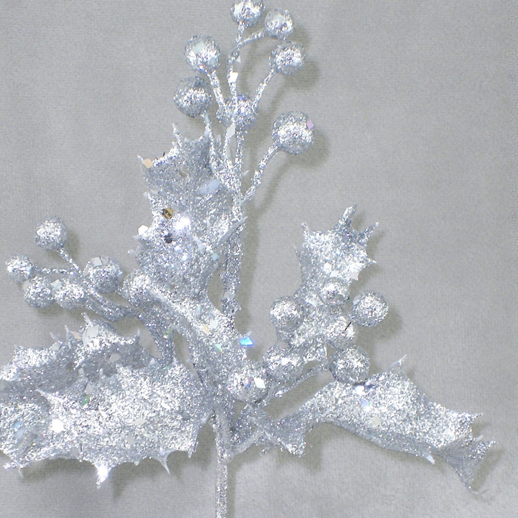 HOLLY/BERRY GLITTER PICK 8"  SILVER