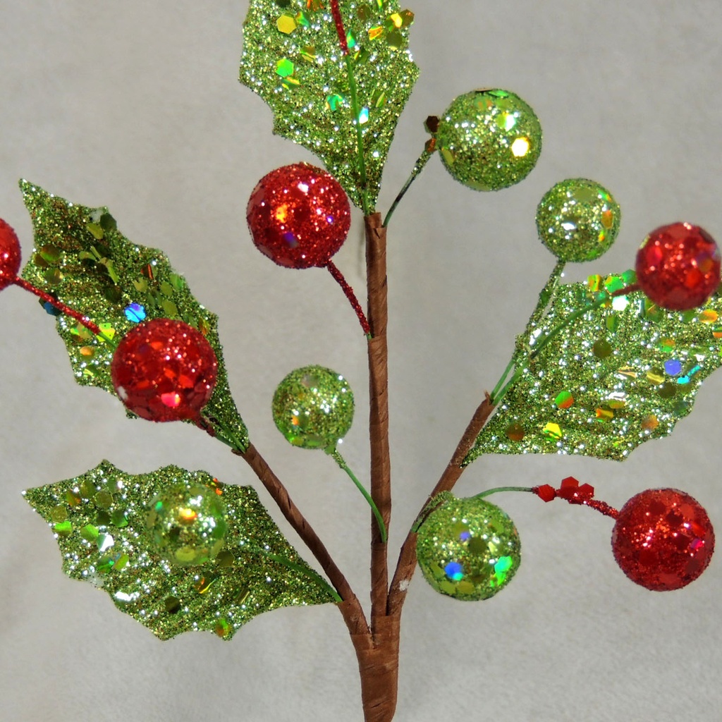 HOLLY/BERRY PICK 8.5&quot; GLITTER (12/BG) RED/GRN