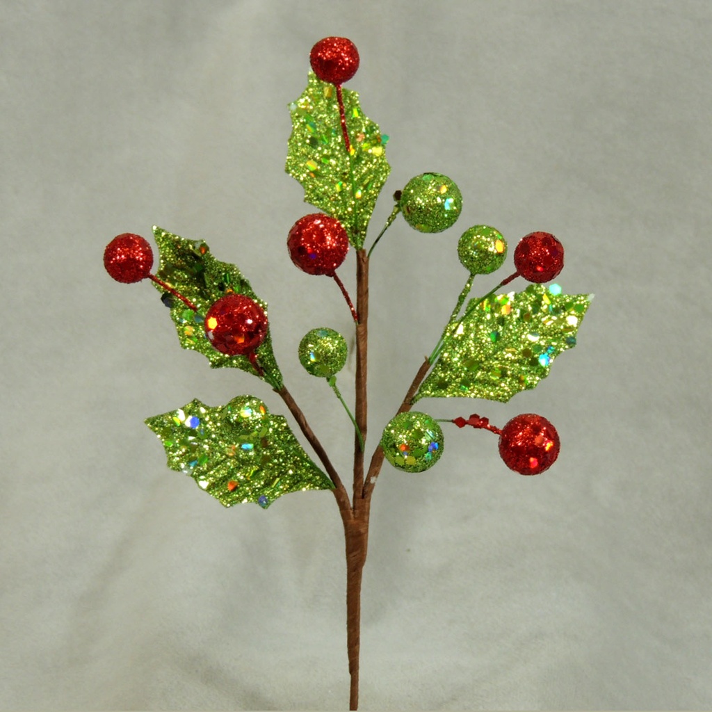 HOLLY/BERRY PICK 8.5" GLITTER (12/BG) RED/GRN