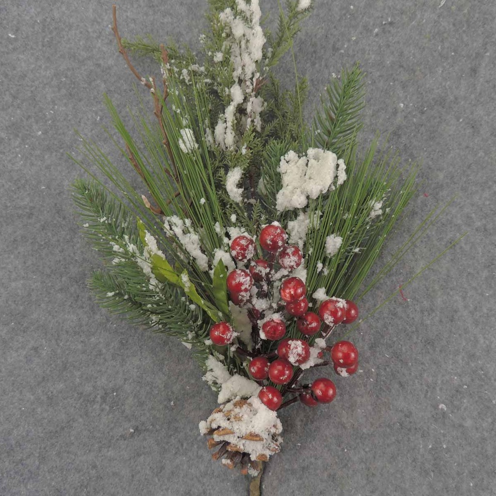 MIXED PINE SPRAY 21.75" FLOCKED W/BERRIES & CONE