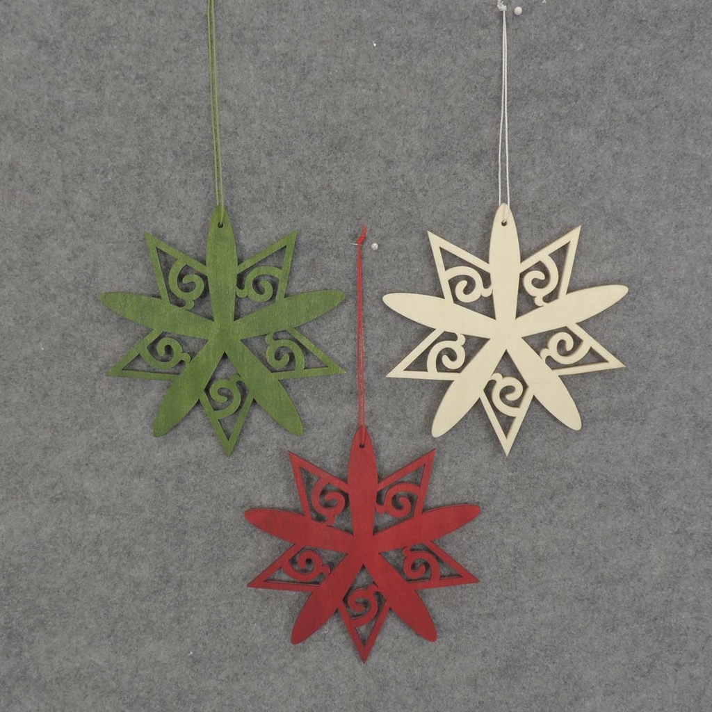 SNOWFLAKE HANGER WOOD 5.5" RED/WHT/GRN 3ASST