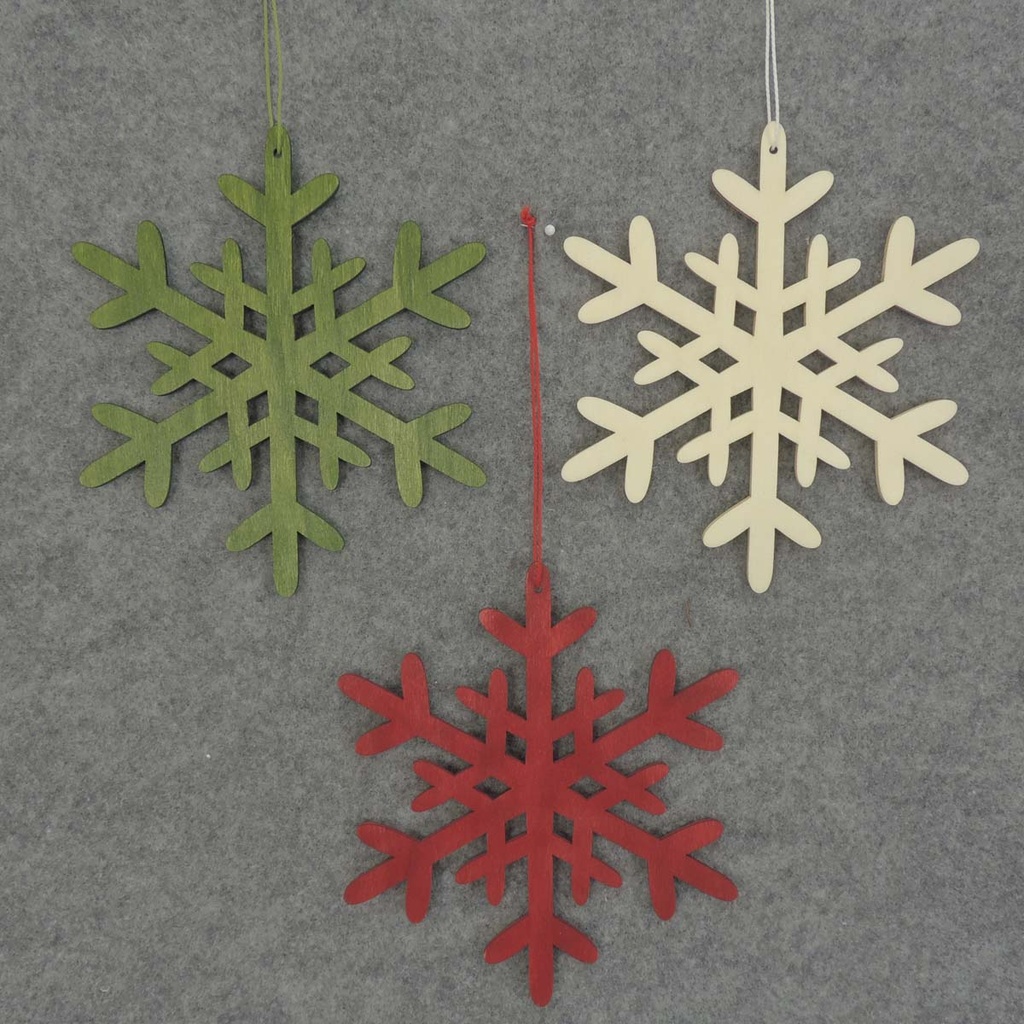 6&quot; SNOWFLAKE HANGER WOOD RED/WHT/GRN 3ASST  ASSORTED