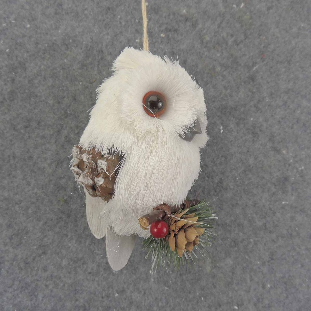 SNOWY SISAL OWL HANGER 6" WHITE W/PINE & CONES