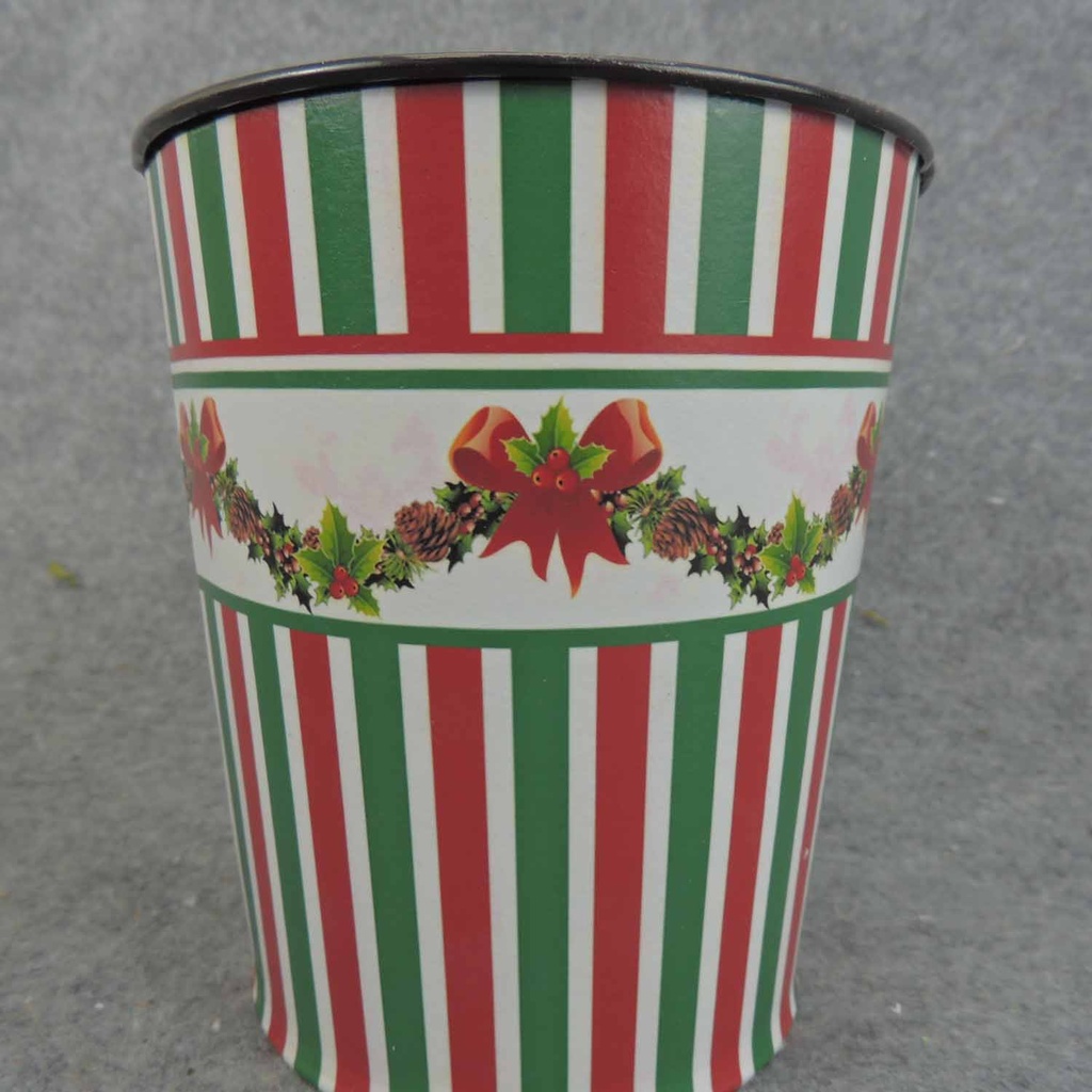 PLANTER TIN 4.5" x 5" RED/GRN STRIPES