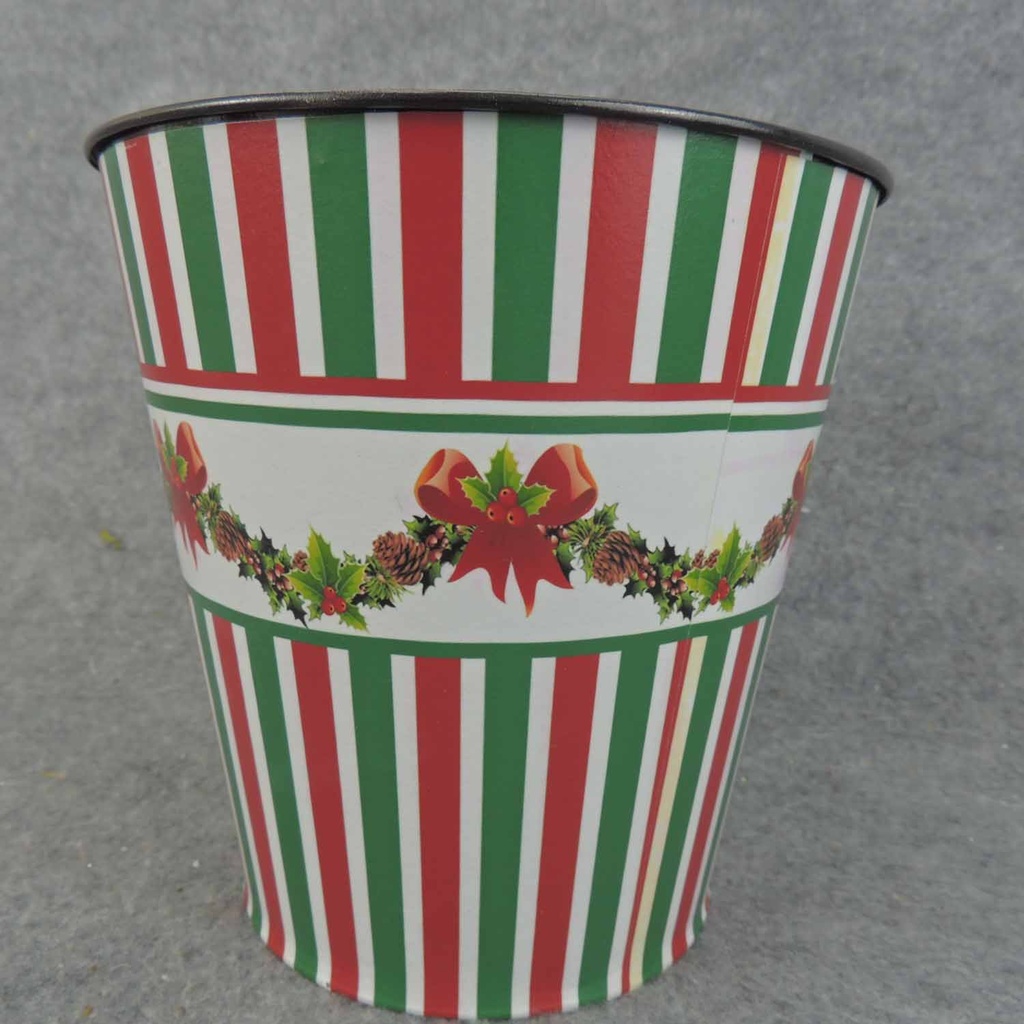 PLANTER TIN 6" x 6.25" RED/GRN STRIPES