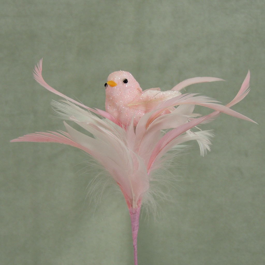 BIRD 3" W/FEATHERS & PIC L.PINK 16" O.A.L