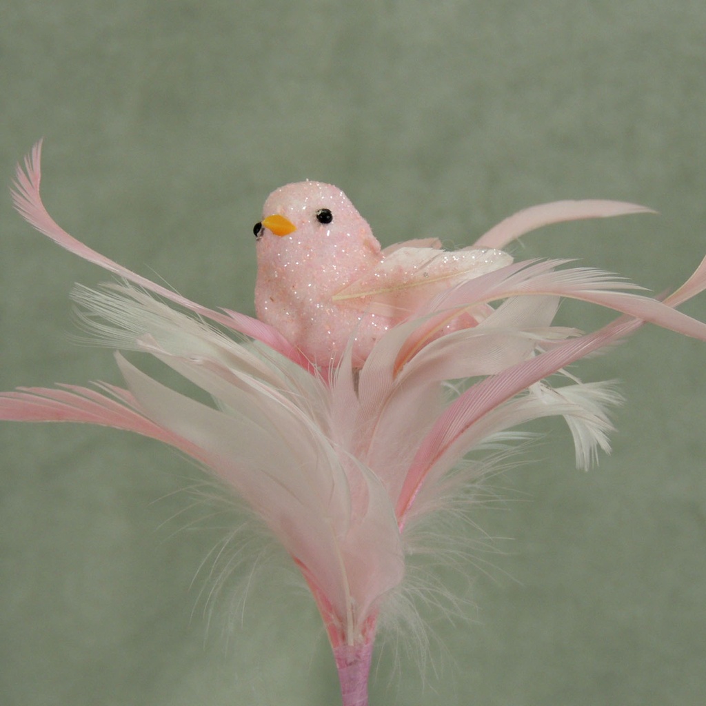 BIRD 3" W/FEATHERS & PIC L.PINK 16" O.A.L