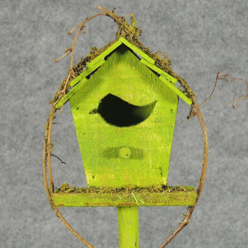 BIRDHOUSE W/TWIG ON PICK 16"OAL  (CENTER PEAK)  GREEN