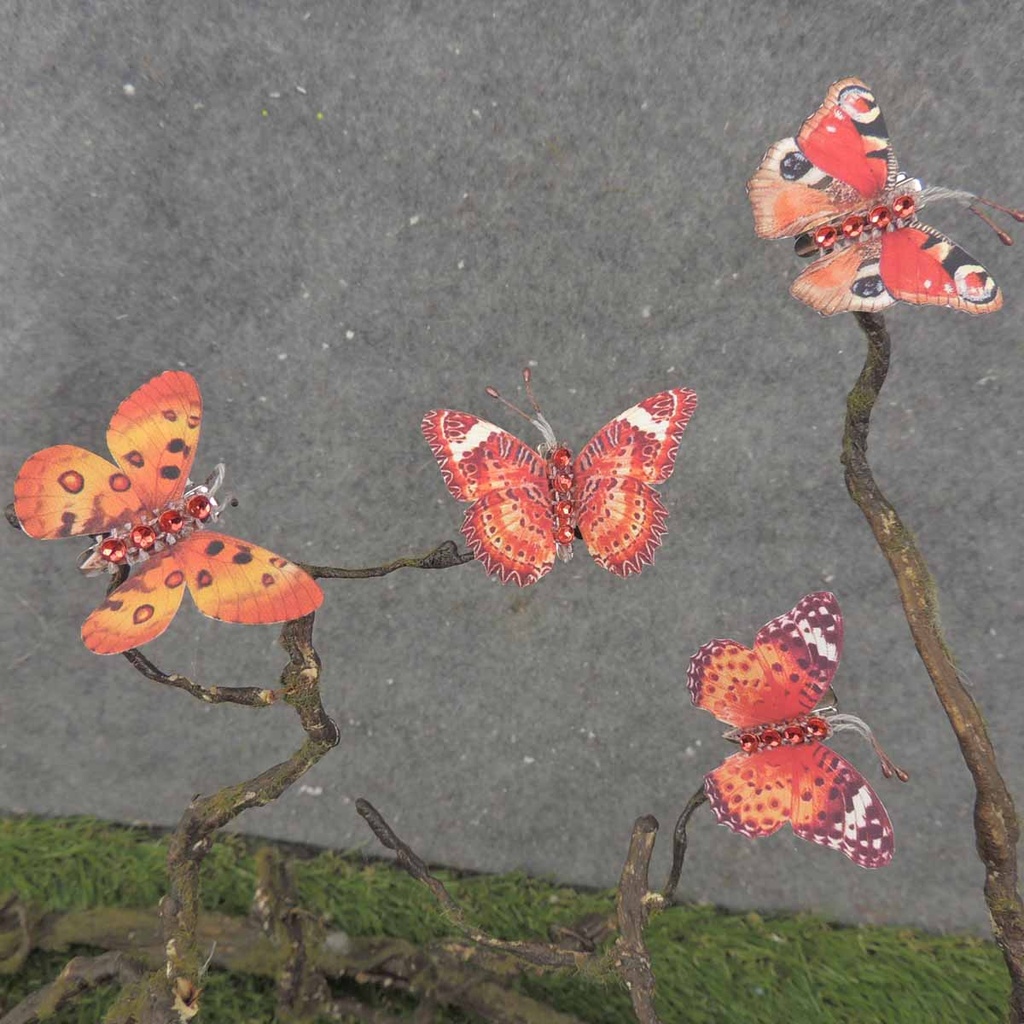 2.25" 6-ASSORTED BUTTERFLIES W/GEMS  RED/ORANGE MIX