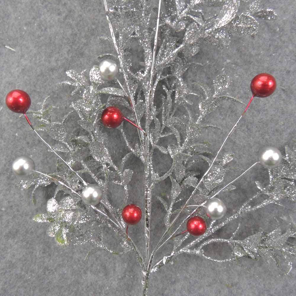 16" SILVER GLITTER EUCALYPTUS BUSH W/RED & SILVER BALLS