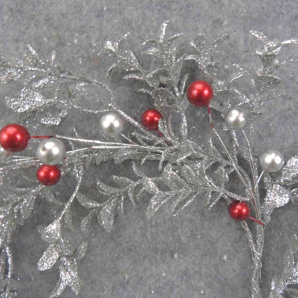 6" SILVER GLITTER EUCALYPTUS CANDLE RING W/RED & SILVER BALLS