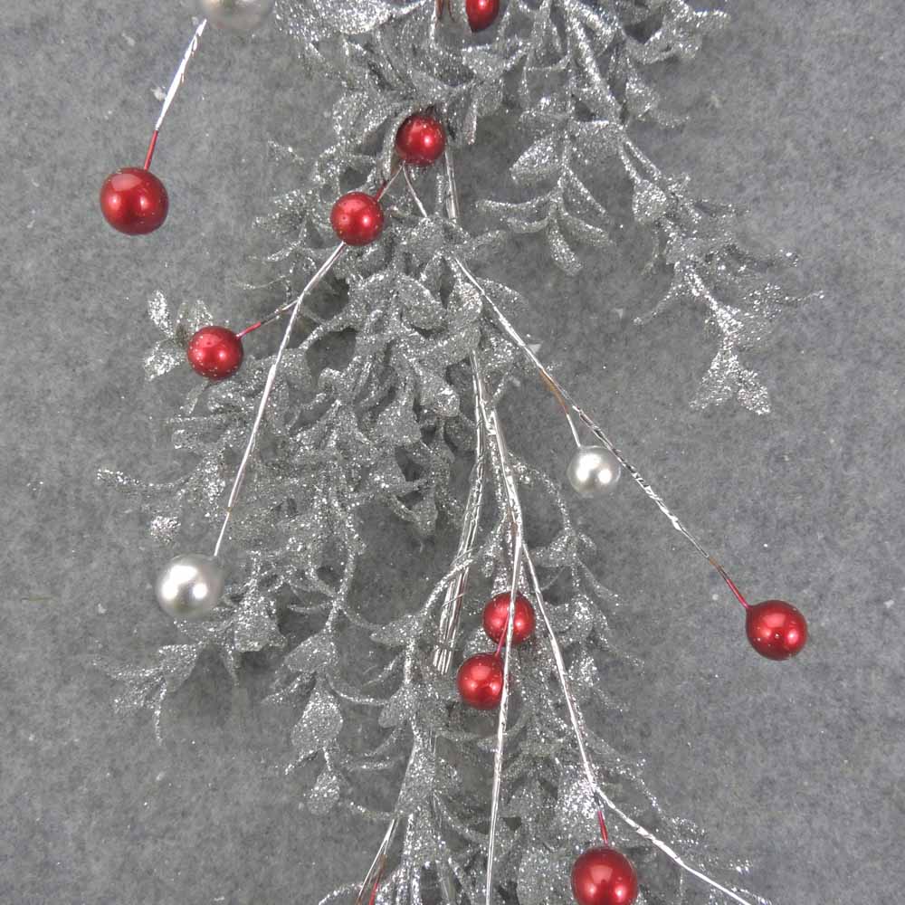 5' SILVER GLITTER EUCALYPTUS GARLAND W/RED & SILVER BALLS