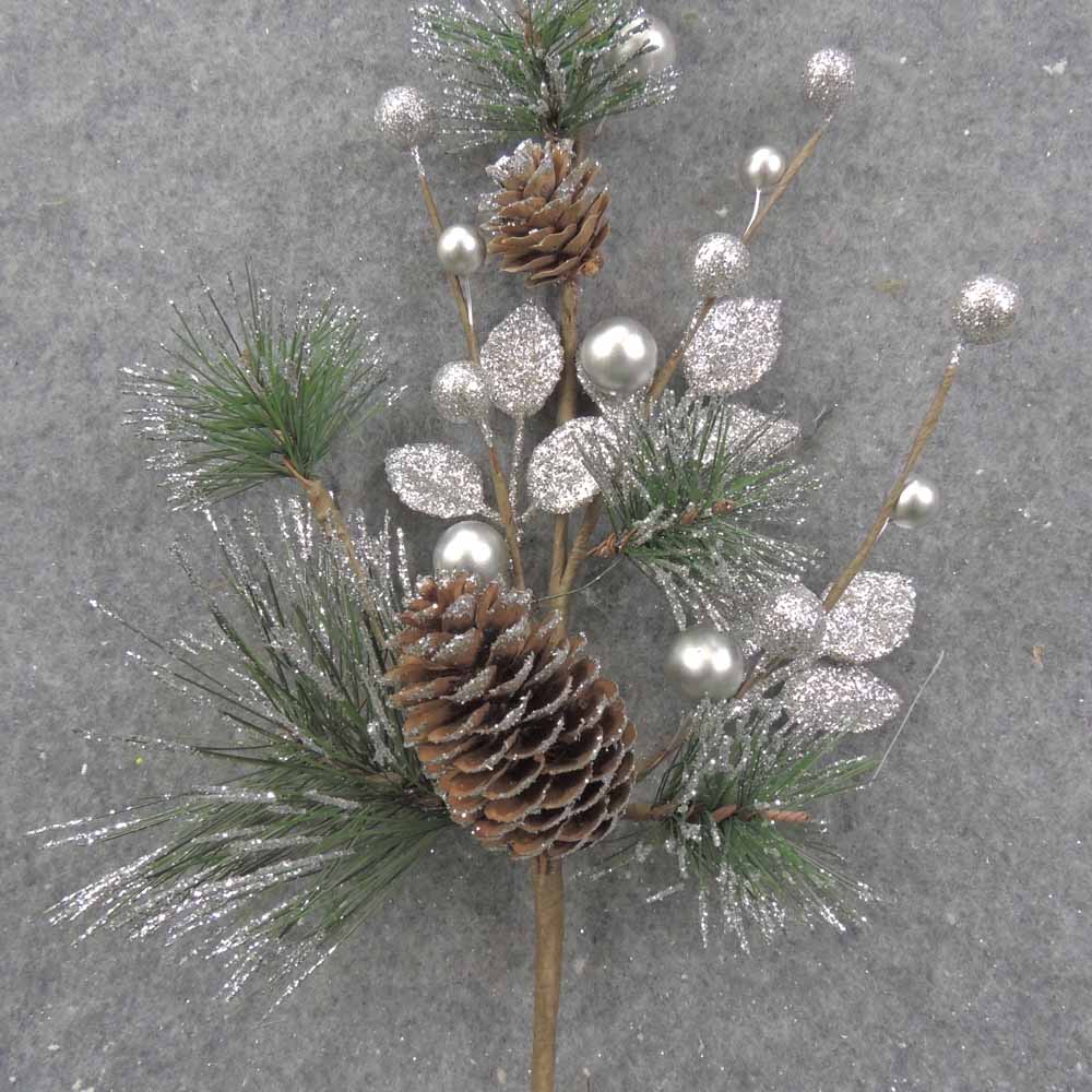 16" PINE & PINCONE SPRAY W/SILVER GLITTER EUCALYPTUS & BERRIES