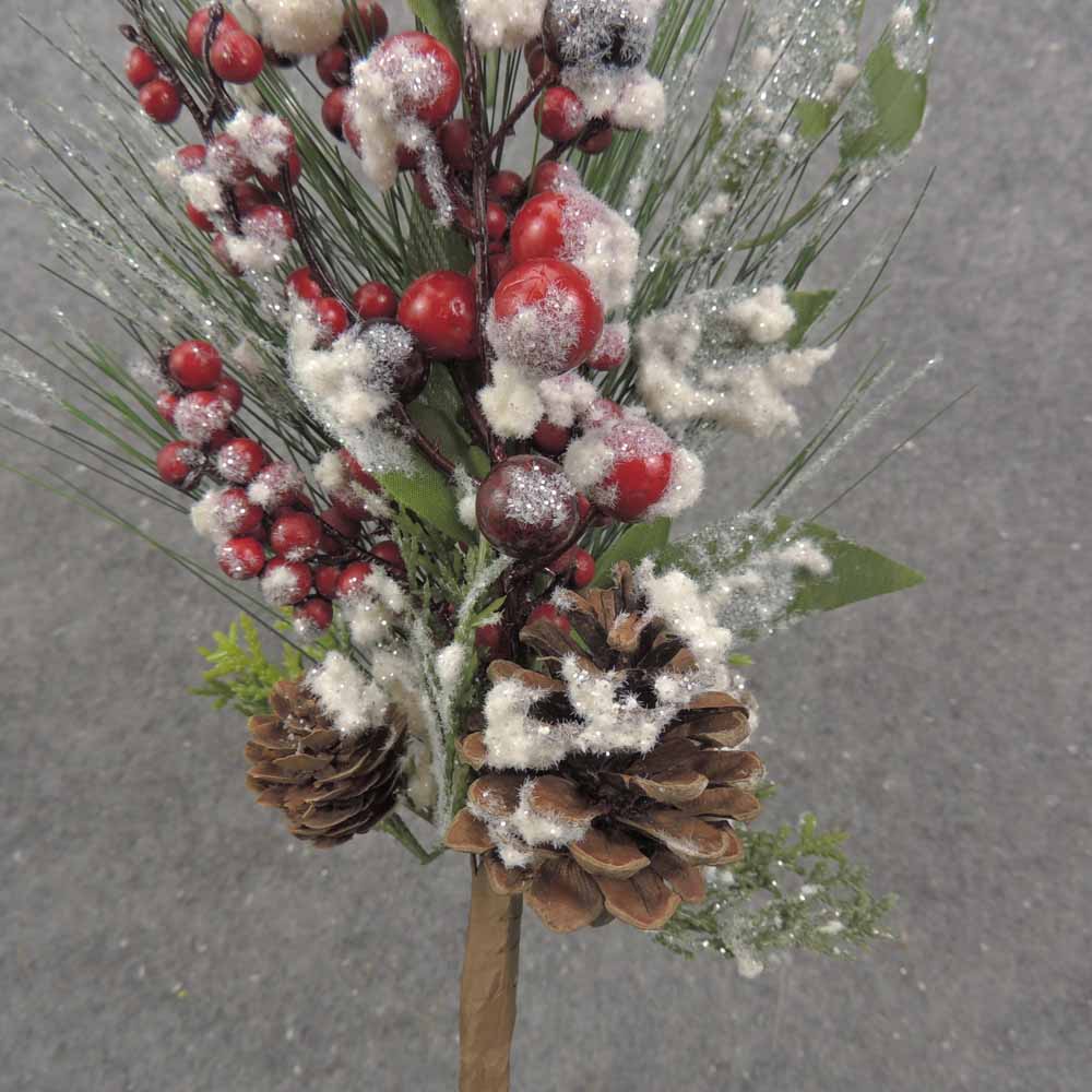 13" BERRY CLUSTER & PINE PICK W/PINECONE & SNOW