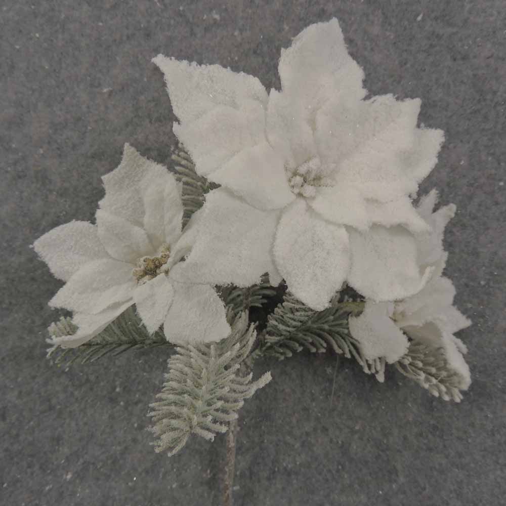 16" WHITE POINSETTIA SPRAY W/PINE (FLOCKED)