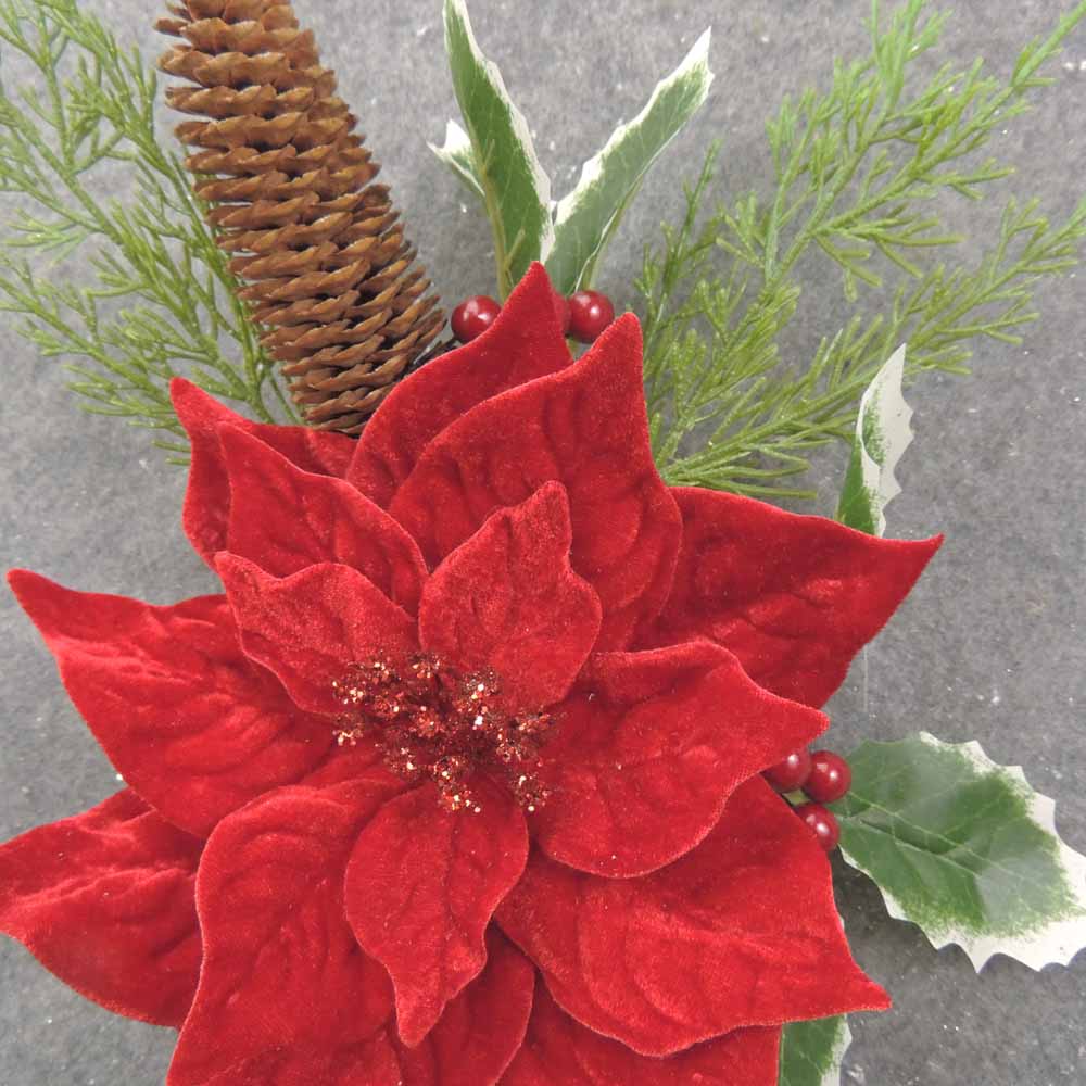 15" POINSETTIA PICK W/PINE, HOLLY & CONE