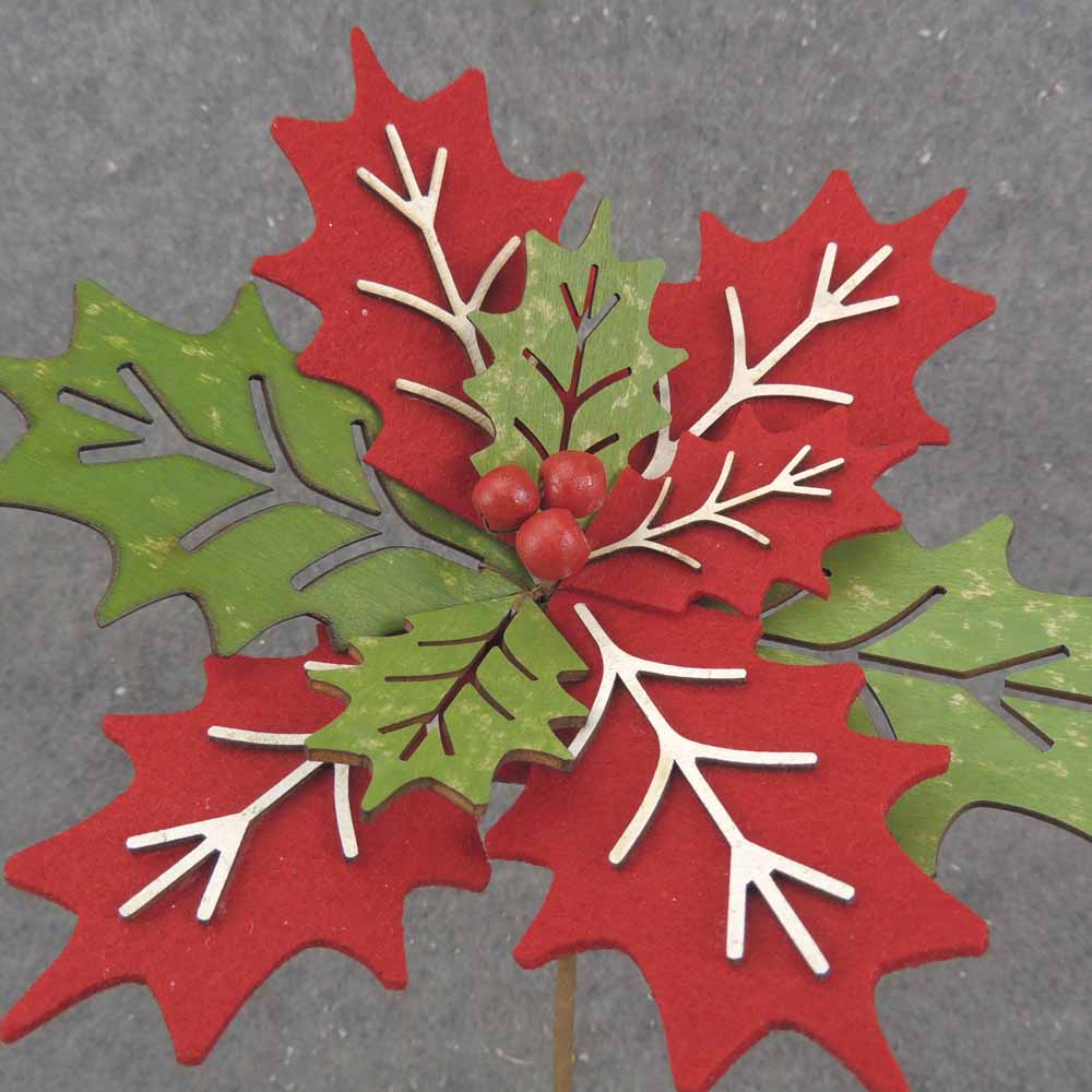 14" RED & GREEN WOOD CUTOUT POINSETTIA PICK