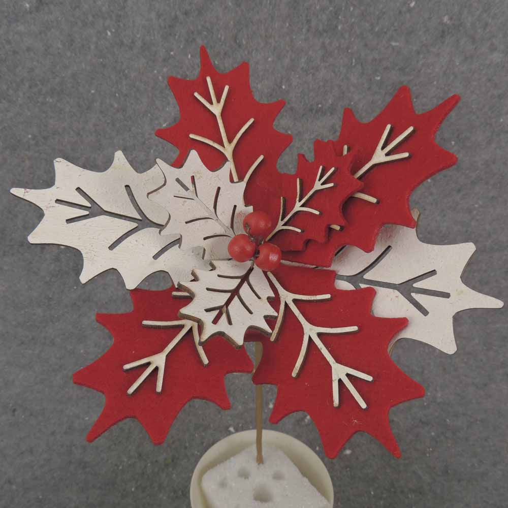 14" RED & WHITE WOOD CUTOUT POINSETTIA PICK