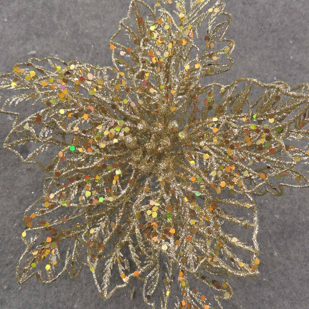 9&quot; GOLD GLITTER POINSETTIA ON CLIP