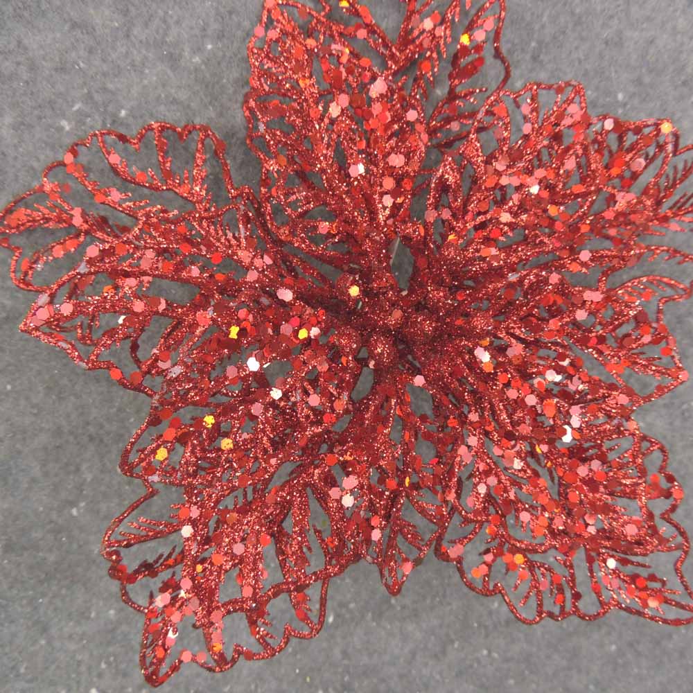 9&quot; RED GLITTER POINSETTIA ON CLIP