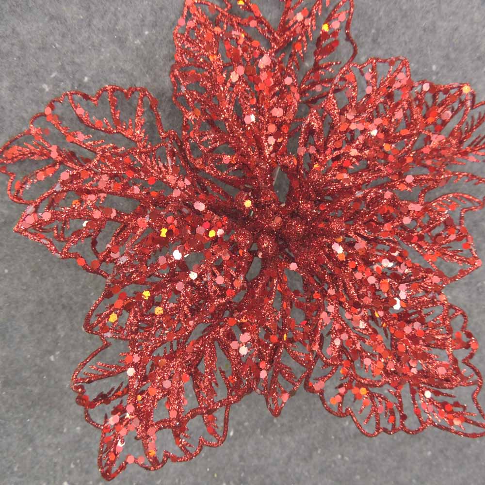 9" RED GLITTER POINSETTIA ON CLIP