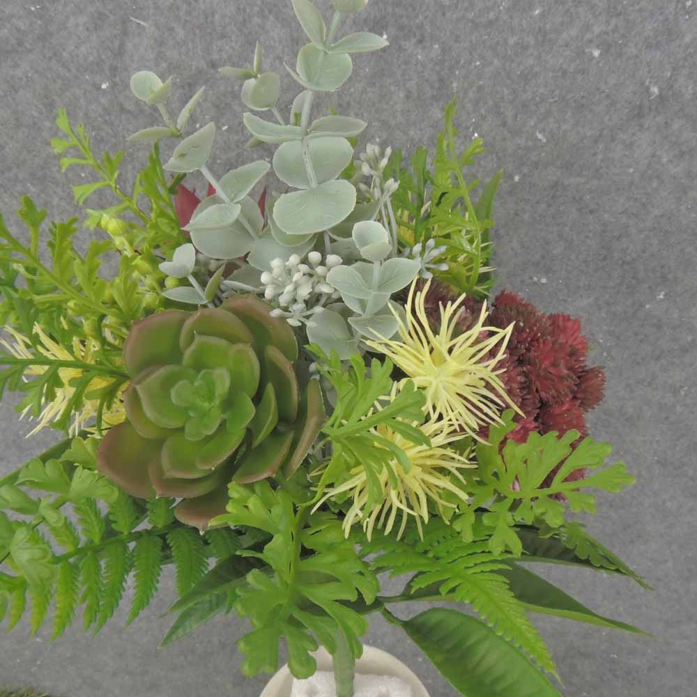 14" FERN, SUCCULENT & EUCALYPTUS WRAPPED BUSH GREEN/BURGUNDY