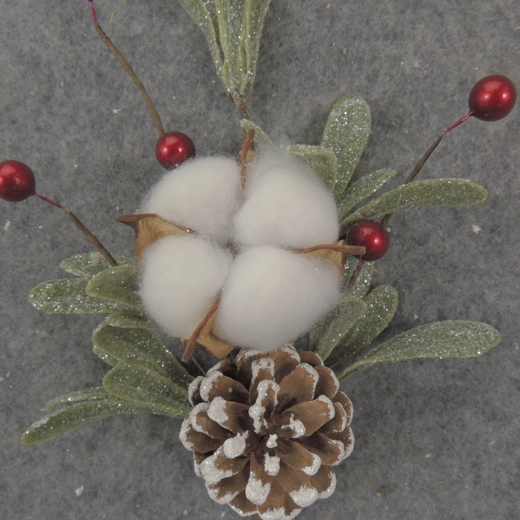 12" MISTLETOE & COTTON PICK W/ CONE & BERRIES