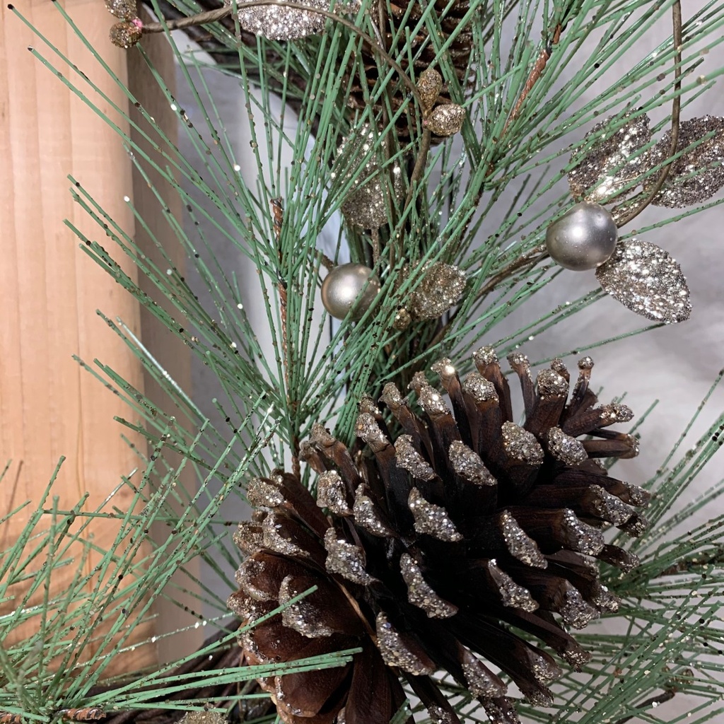 20" PINE WREATH W/ CHAMPAGNE GLITTER BERRIES/CONES/LEAF