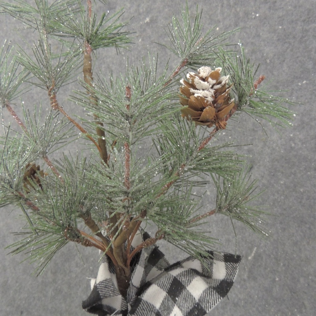 13" MING PINE TREE W/ CONES & B/W PLAID BALL BASE