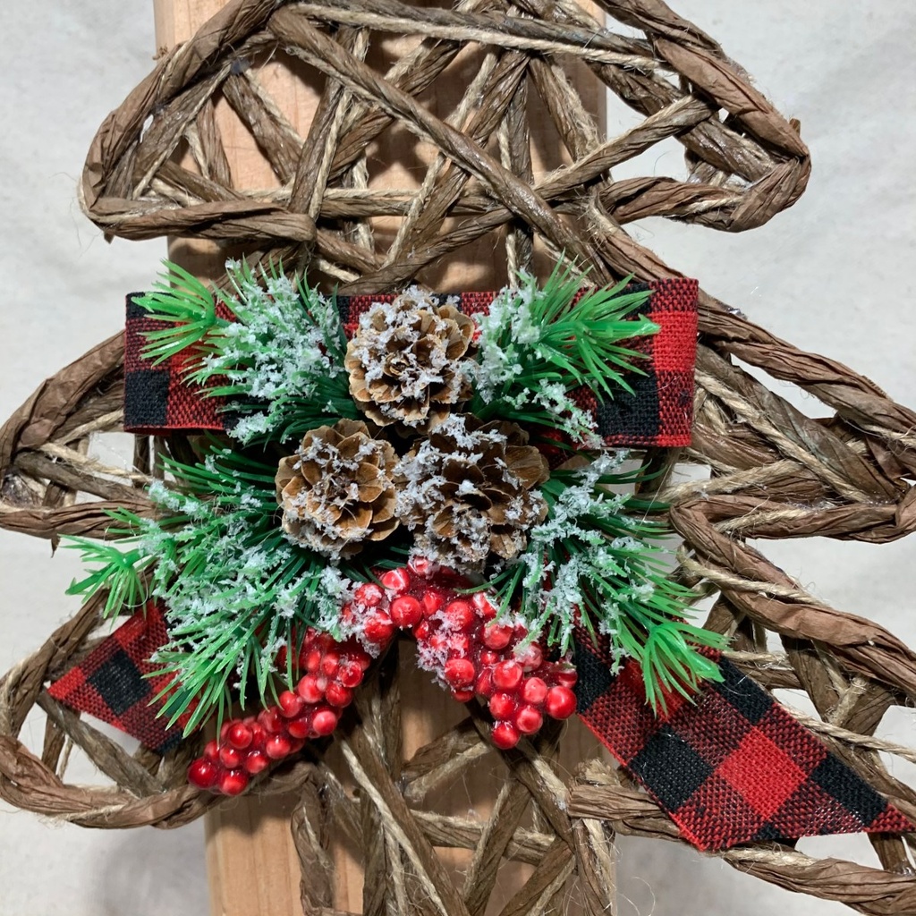 7.75&quot; WOVEN JUTE TREE ORNAMENT W/ FLOCKED PINE &amp; BOW