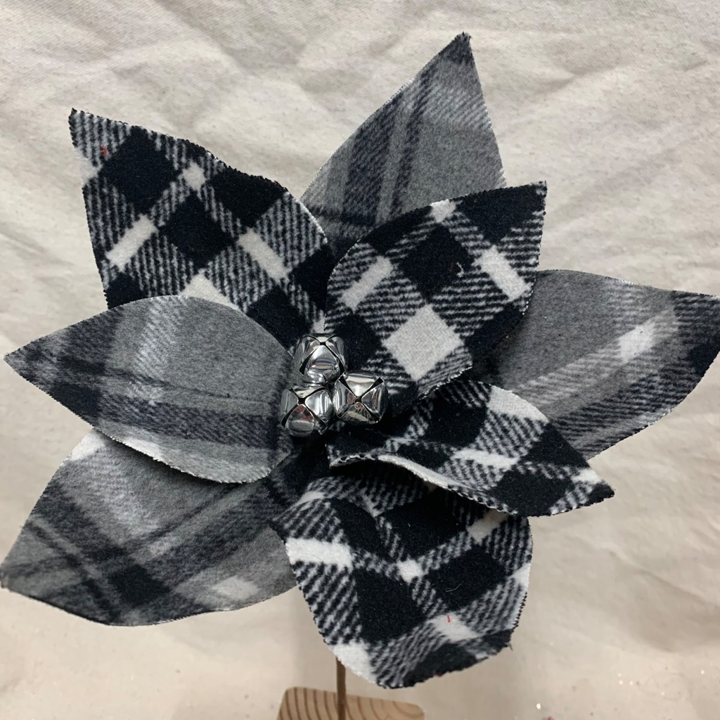 13" POINSETTIA PICK W/BELLS BLACK/WHITE PLAID