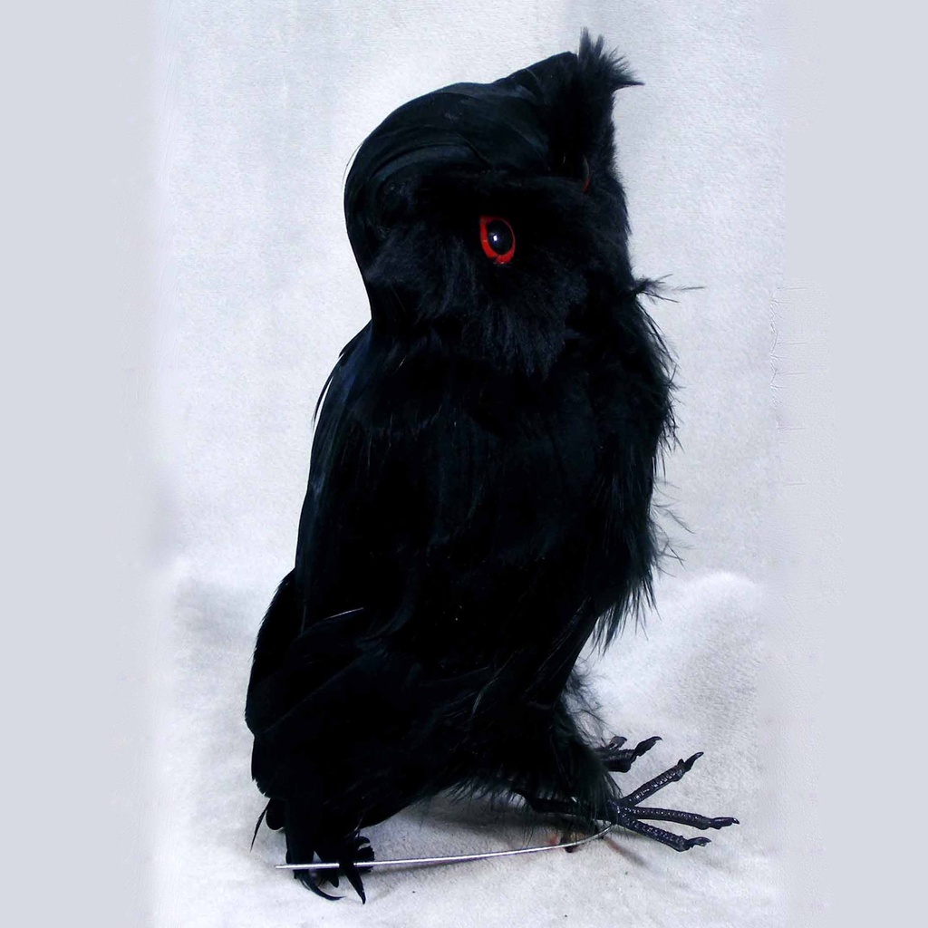 OWL 6" STANDING FEATHER BLACK W/RED EYES